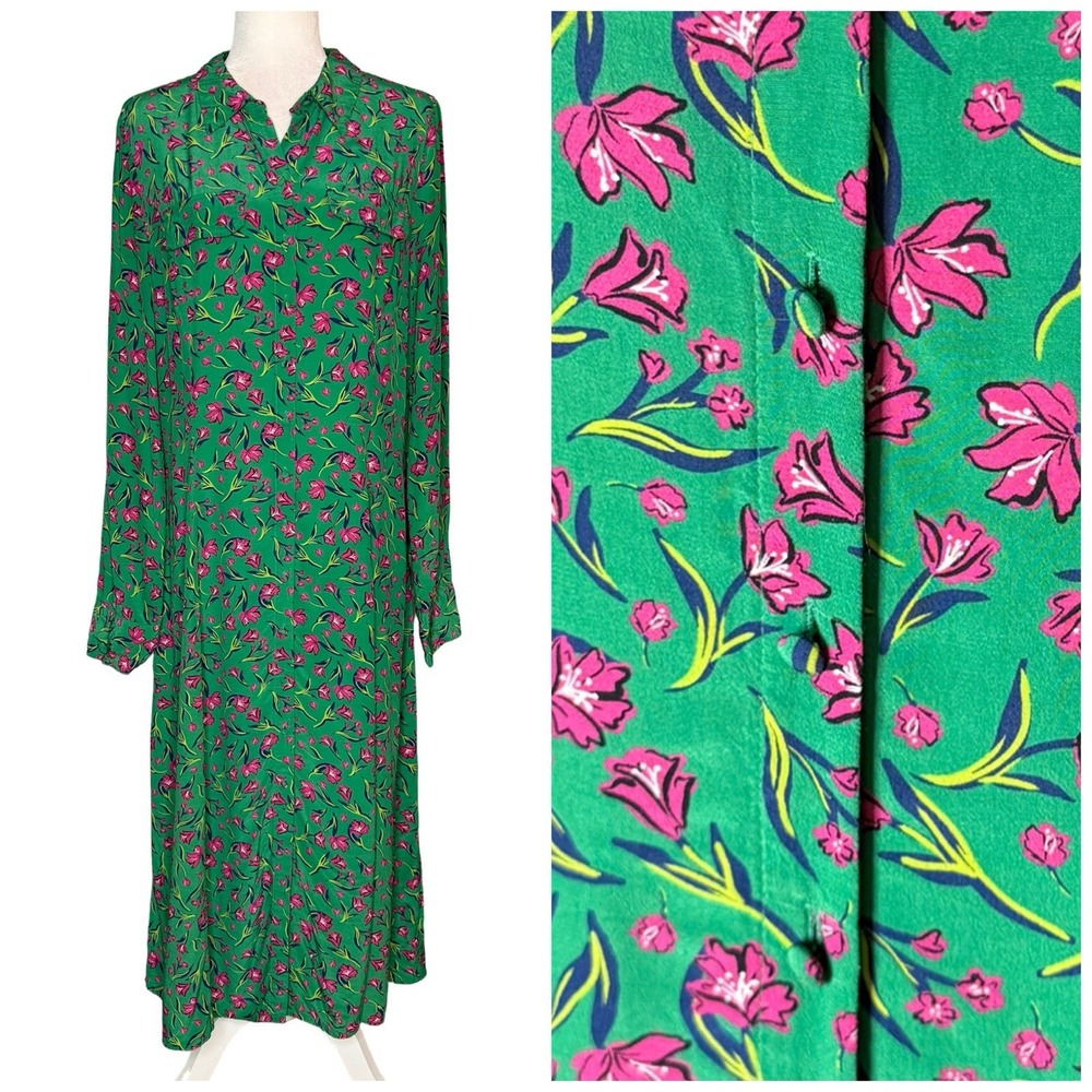 Long Tall Sally Green Button Front Midi Dress US 12 Large Shift Pink Floral
